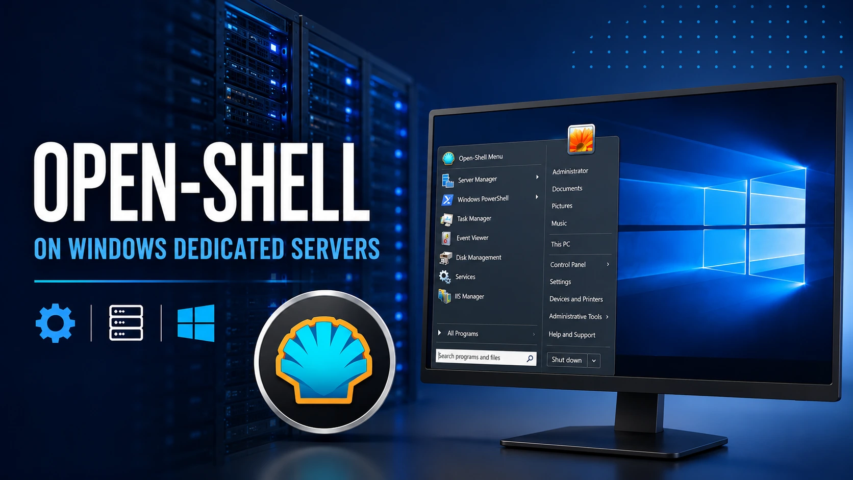 Desktop view of a Windows Dedicated Server showing the classic Open-Shell Start Menu configuration